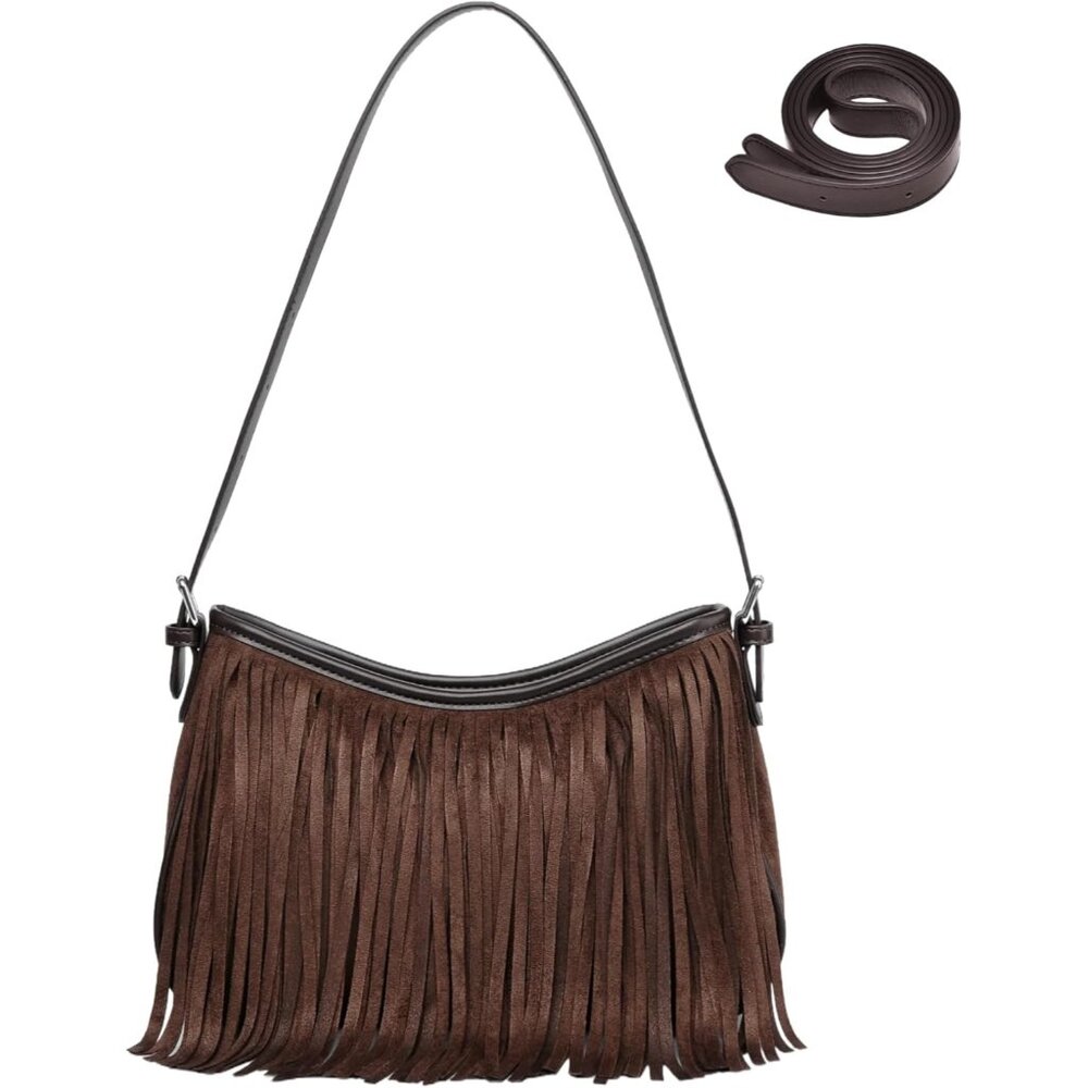 Women Coffee Underarm Suede Western Hobo Purses and Handbags Trendy Fringe